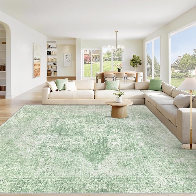 Area Rug 10x14 Washable Rug, Vintage Boho Medallion Rugs Non-Slip Soft Low Pile Large Distressed Rug Indoor Retro Carpet for Living Room Bedroom Dining Room Home Office (SageGreen, 10'x14')