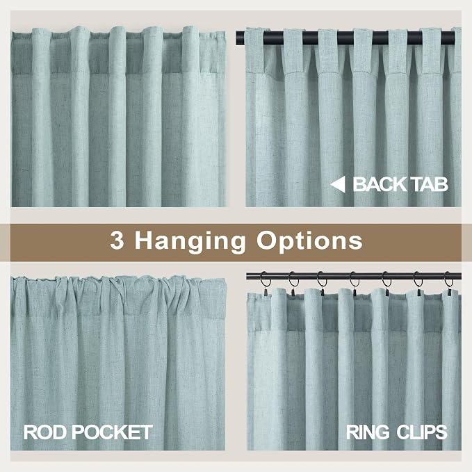 Seafoam Curtains 63 Inch Length for Kids Room 2 Panels Set Back Tab Pocket Casual Woven Textured Semi Sheer Linen Grey Green Curtains for Bedroom Boys Coastal Beach Mint Teal Aqua Sea Foam 52x63 Long