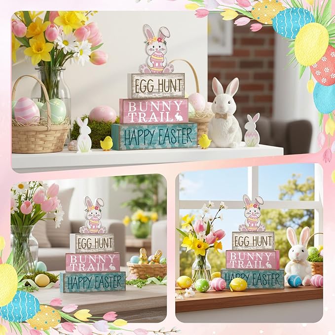 Lineshading 4 Pcs Easter Bunny Table Decor Wooden Pastel Bunny - 3-tier Wooden Tabletop Sign with 3D Floral Rabbit & Egg, Rustic Farmhouse Decorations for Home Easter Egg Hunt Party Centerpiece Gift