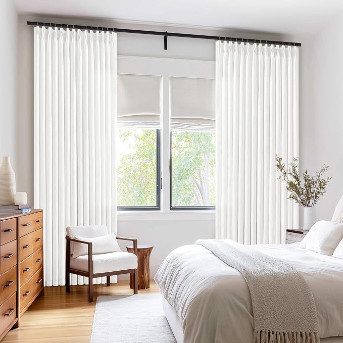 Off White Pinch Pleated Semi Sheer Linen Curtains for Bedroom | Ivory, 105 Inch Extra Long, Floor To Ceiling, Light Filtering, Privacy, Living Room, Flax Textured, Hook Rings, Memory Shape