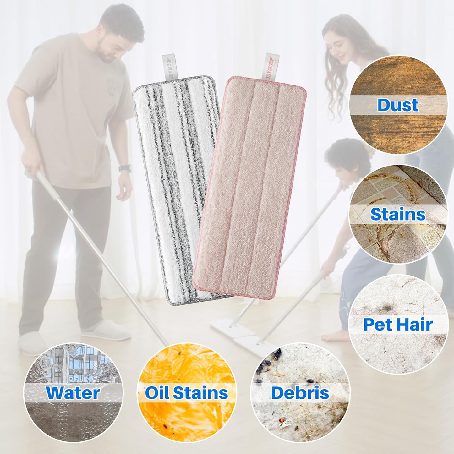 JOYMOOP Mop Replacement Pads, Reusable Microfiber Mop Pads for 13-inch Flat Mop and Mop Bucket Set, Pack of 2 Refills - Stripe and Pink