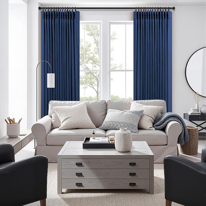 Navy Blue Curtains 90 Inches Long for Living Room 2 Panel Set Back Tab Pinch Pleated Linen Drape Light Reducing Semi Sheer Dark Blue Indigo Curtain for Bedroom Home Office Nautical Decor 40x90 Length