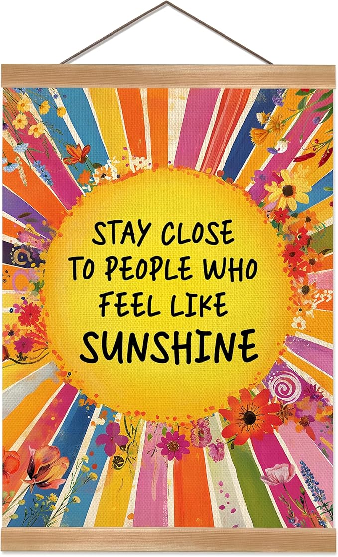 ZTGDA Inspirational Wall Art Posters,Sunshine Quote Canvas Print with Wooden Hanger,Rainbow Floral Boho Wall Decor,Positive Poster for Office,Teen Girls Room,Classroom,Nursery 12x16inch