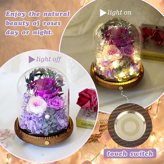 Large Preserved Flowers with Card&Box-Flowers for Delivery Prime,Eternal Rose with Lights,Roses in Glass Dome,Romantic Gift for Her,Decoration,Fresh Rose Flowers for Mom,Birthday,Anniversary (Purple)