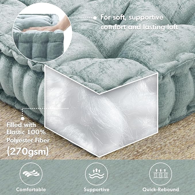 Intelligent Design Azza Floor Pillow, Large Cushions Sitting for Adults, Floor Pillow for Meditation or Yoga, Lustrous Chenille Tufted with Scalloped Edges for Bench/Chair Cushion, 20"x20"x5" Aqua