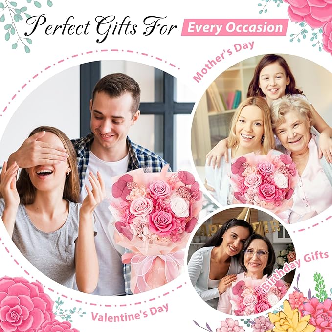 Flowers for Delivery Prime, 4 Pink Rose Preserved Flowers Bouquet Mothers Day Gifts for Mom, Birthday Gifts for Women Her Wife Girlfriend Grandma, Real Forever Flowers for Valentines Day Anniversary
