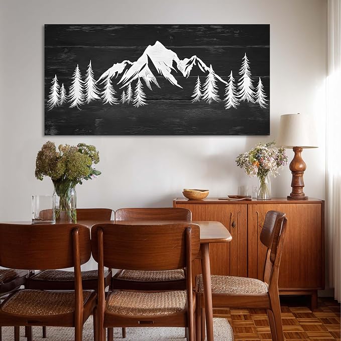 Black and White Mountain Forest Wall Art for Living Room Canvas Painting Prints Retro Wood Rustic Landscape Art Deco Vintage Nature Artwork Office Bedroom Farmhouse Dining Room Decor Extra Large