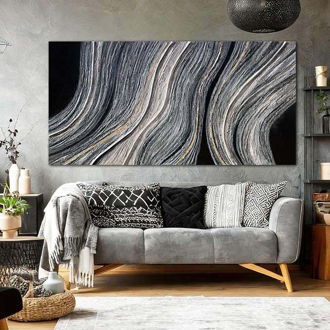 ZUNARE Contemporary Abstract Canvas Wall Art Black and white and gold Linear Painting, Minimal Modern Artwork for Living Room Bedroom Office Kitchen Wall Decoration 29"x58"