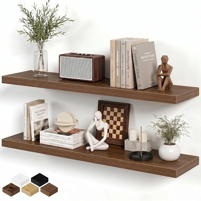 40" Floating Shelves for Wall, 8 Inch Deep Floating Shelf for Books, Deep Bathroom Shelves Wall Mounted, Rustic Display Shelf for Bathroom/Living Room/Bedroom/Kitchen Decor, Walnut Color, 2 Pack