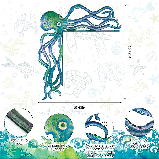 FairySandy Metal Door Frame Decoration 11.81 x 10.43 Inches Octopus Themed Home Decor for Indoor Outdoor Door Window Home Office(Ocean Blue)