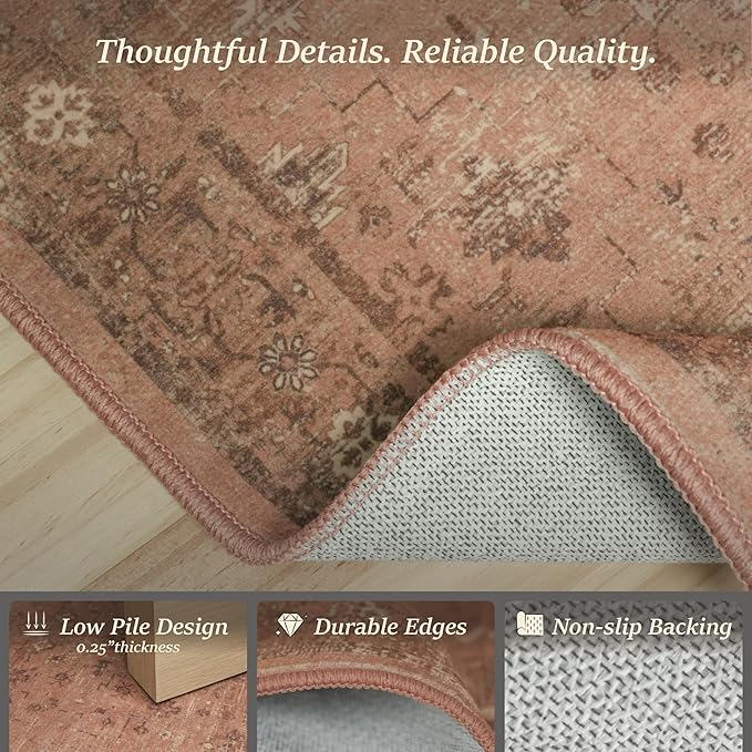 TALANOVA Terracotta 9x12 Washable Area Rugs for Large Living Room, Non-Slip Low Pile Rust Vintage Distressed Geometric Rug, Southwestern Boho Decor for Bedroom & Dining Room