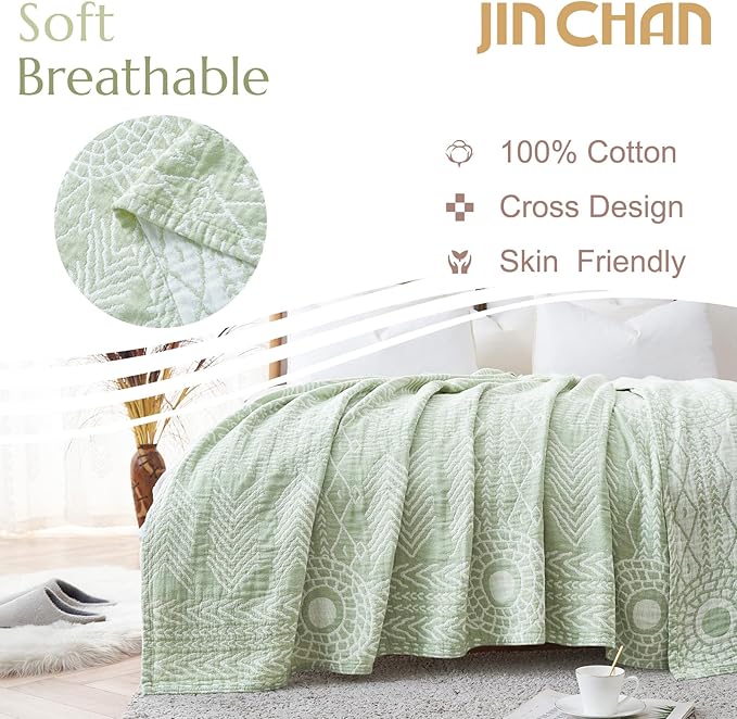 jinchan Boho 100% Cotton Muslin 50x60 Throw Blanket Lightweight 3-Layer Green Blanket Washable Reversible Breathable Decorative Geometric Striped Patterned Soft Cozy for Sofa Bed All Season Gift