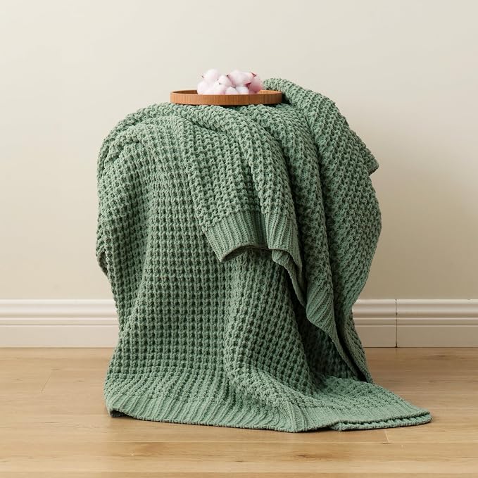 Bunnikins & Clover Knitted Waffle Throw Blanket 50x60 Inches, Sage Green Throw Blanket for Couch, Soft Cozy Chenille Knit Blanket Warm Decorative Throw for Sofa