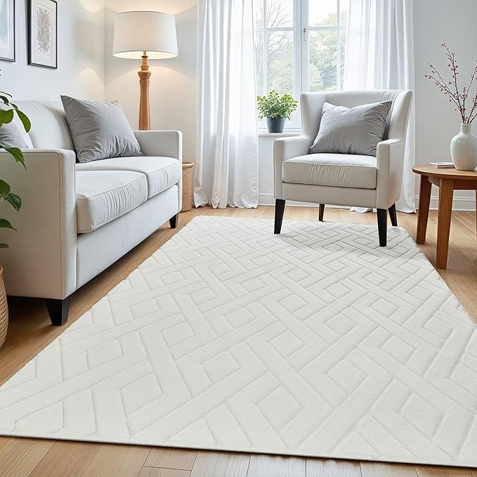 Macgace Ultra Soft Cream White Area Rug for Bedroom, 4x6 Modern Geometric Shag Rugs with Nonslip Backing for Living Room, Washable Fuzzy Carpet for Cozy Kids Room Nursery