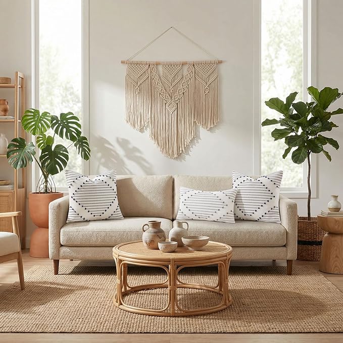 Mecatny Boho Summer Outdoor Throw Pillow Covers 18X18 Set of 2, Farmhouse Decorative Pillow Covers for Couch Sofa Living Room, Grey & Cream White