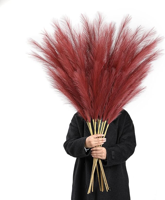 Wertuirk Burgundy Pampas Grass Decor, 8 Pcs 45 Inch Tall Large Faux Pompous Grass, Long Artificial Flowers for Floor Vases, Wedding Centerpieces, Baby Shower and Home Decoration (Burgundy)