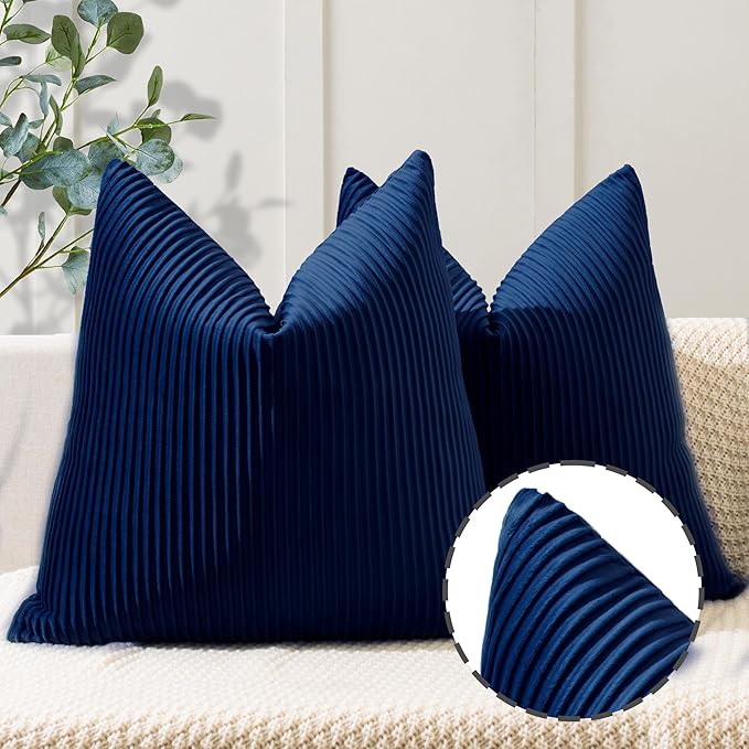 YCOLL Navy Blue Pillow Covers 16x16 Set of 2 Velvet Striped Pattern - Soft Throw Pillows for Home Decor, Luxury Decorative Pillow Covers for Couch, Bed,Living Room