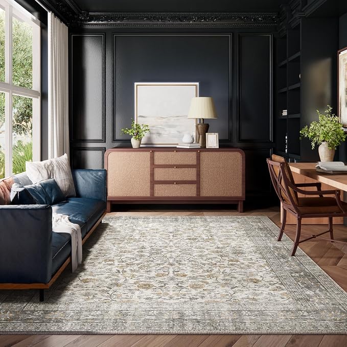 Machine Washable Rugs for Living Room: 8x10 Area Rugs for Bedroom Vintage Stain Resistant Non Slip Low Pile Soft Boho Carpet for Kitchen Dining Room Farmhouse Kids Room Nursery