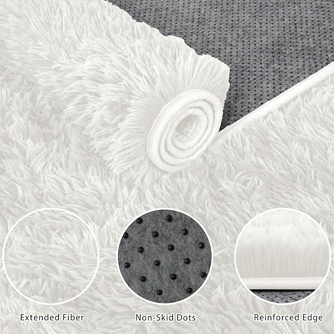 5x7 Area Rug for Living Room:Ultra Soft Fluffy Shag White Rugs,Large Fuzzy Plush Indoor Non Slip Carpet Washable Rug for Bedroom Kids Nursery Office Dorm Modern Decor(White 5'x7')