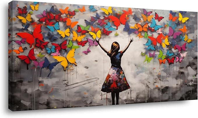 Graffiti Girl Wall Art for Bedroom Canvas Oil Painting Prints Beautiful Butterfly Dream Art Deco Modern Artwork Office Girls Dormitory Dining Room Decor
