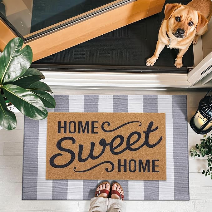 OLANLY Grey and White Striped Rug 2'4" x 3'7" (27.5" x 43") – Washable Cotton Indoor Outdoor Doormat for Front Door, Entryway, Kitchen, Porch, Patio Decor