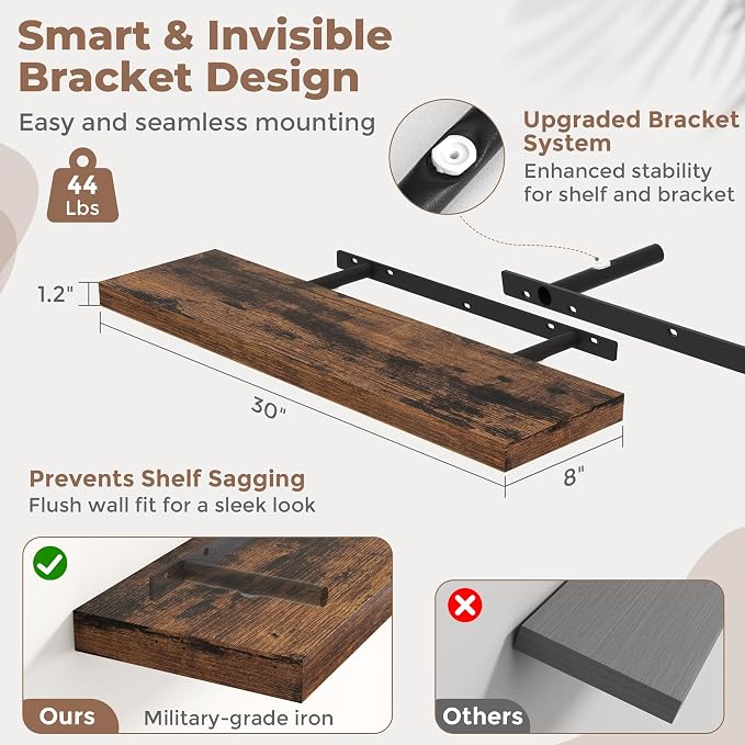 30 Inch Floating Shelves for Wall Set of 2, 8"D Wood Grain Bathroom Shelves with Invisible Brackets, Easy Install Engineered Wood Storage Shelves for Kitchen, Living Room, Bedroom, Rustic Brown Finish