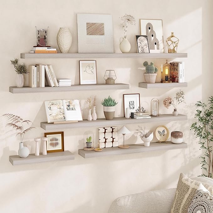 Fun Memories 72 Inch Floating Shelves, Wall Mounted Rustic Wood Floating Shelf with Invisible Brackets for Storage & Decor, 2 Pack Shelves for Bathroom,Bedroom and Kitchen, Grey