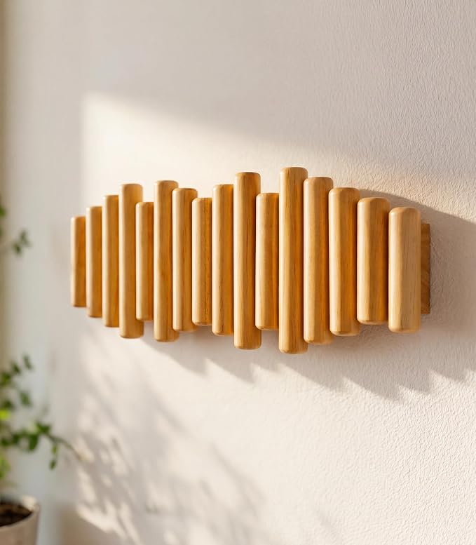 Modern Wooden Wall Mounted Coat Rack, 5-Hooks, Decorative Wall Hooks for Purse, Bags & Hats, Heavy Duty, Sturdy, Natural Pine Wood, Pull Down Hooks, Easy to Install