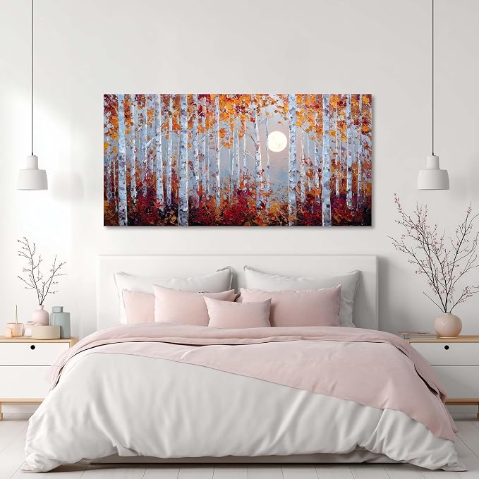 Ggaafet Birch Forest Wall Art for Bedroom Canvas Oil Painting Prints Beautiful Moon Night Art Deco Modern Artwork Office Family Dining Room Decor