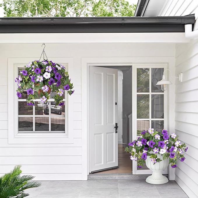 Ammyoo Artificial Hanging Fake Flowers with Basket Plants for Outdoor Decoration, Faux Silk Flower UV Resistant Morning Glory for Home Porch Patio Garden Balcony Yard Look Real (Purple White)