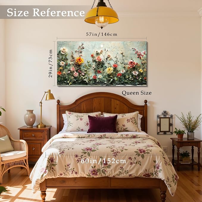 imjiayu Oversized Wall Art, Floral Wall Decor, Vintage Wall Art, Romantic Rose Painting, French Country Flower Botanical Prints, Elegant Big Pictures for Living Room Dining Room Farmhouse 29"x57"