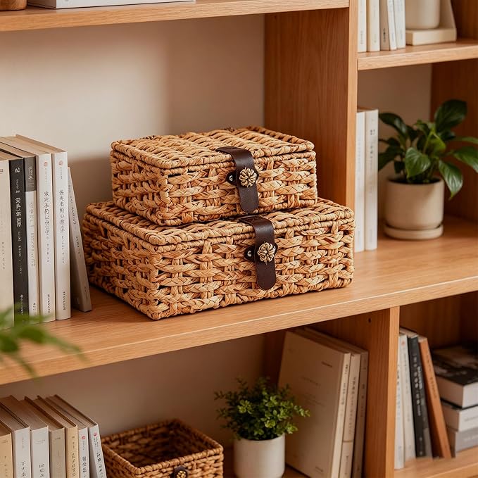 Set of 2 Water Hyacinth Wicker Storage Baskets with Lid | Rectangular woven decorative bins for shelf desktop home organization decor