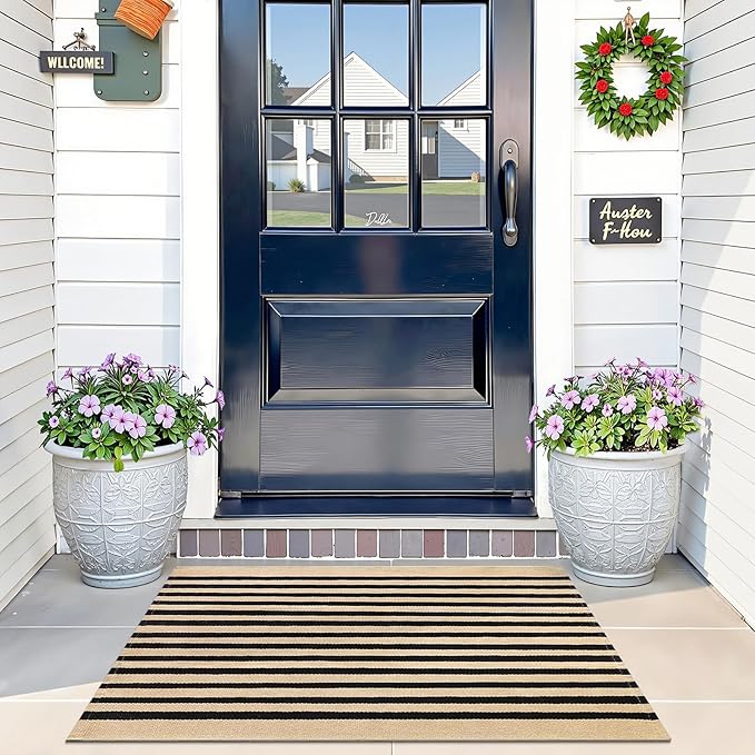 OLANLY Brown and Black Striped Rug 2' x 3' (24" x 36") – Washable Cotton Doormat for Indoor Outdoor Use, Layered Front Porch Rug for Entryway, Kitchen, Patio