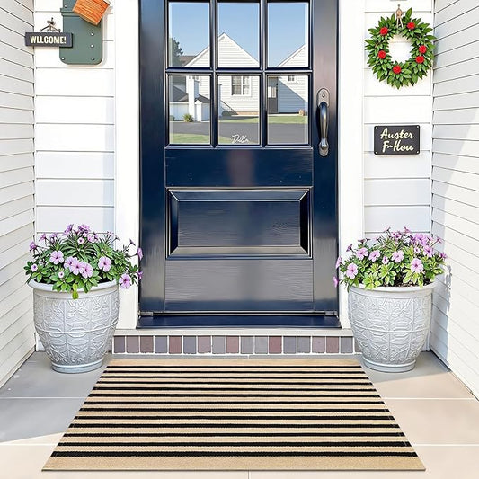 OLANLY Brown and Black Striped Rug 2' x 3' (24" x 36") – Washable Cotton Doormat for Indoor Outdoor Use, Layered Front Porch Rug for Entryway, Kitchen, Patio