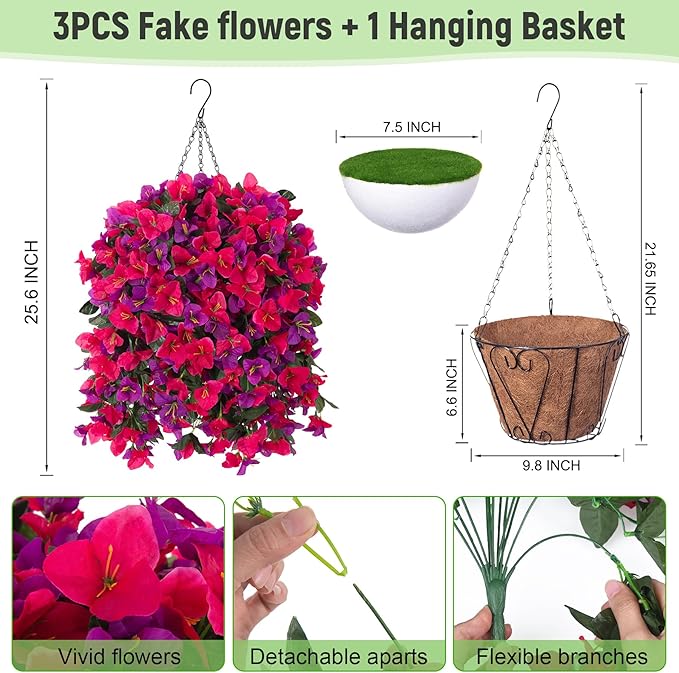 3 pcs Fake Bougainvillea Artificial Hanging Flowers Basket for Outdoors Decoration Faux Hanging Flowers Plants for Outdoor Planters Silk Bougainvillea Vines for Front Door Porch Patio Garden