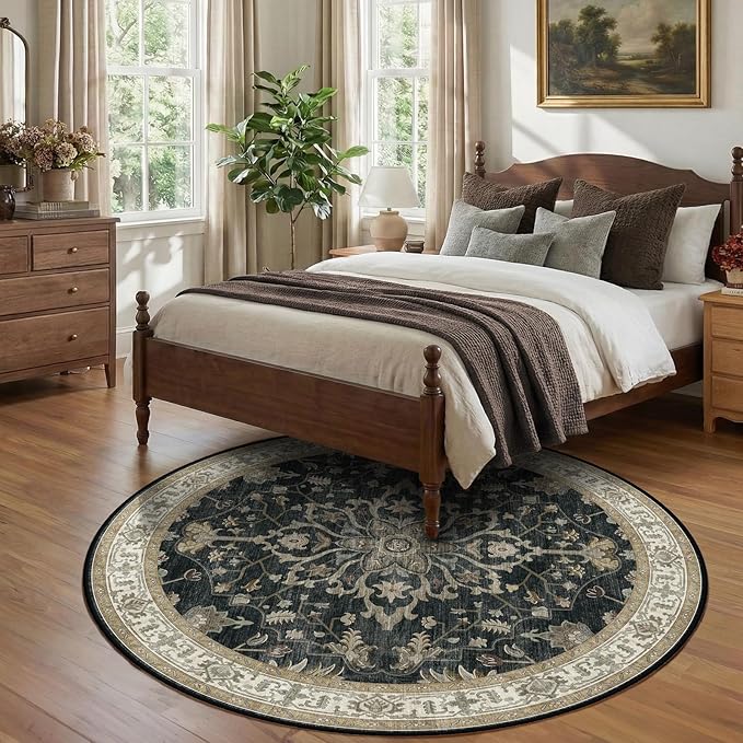 RELEANY Area Rugs Round 7ft Washable Non-Slip, Floral Vintage Distress Print Pattern Medallion Carpet for Living Room Bedroom Dining Room, Vintage Black Brown Neutral