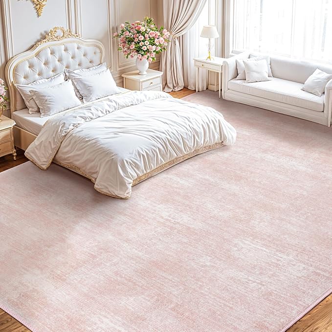 LIANLAM 10x12 Washable Rug, Pink Solid Area Rugs for Living Room & Bedroom | Stain-resistant & Non-slip backing,Low Pile Washable Large Carpet, Solid Vintage Style For High Traffic Areas(10x12,Pink)