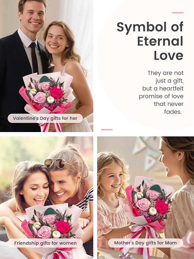 Polylove Flowers for Delivery Prime Forever Flowers Bouquet Preserved Roses Bouquet Flower Gift for Women Wife Mother Day Graduation Birthday (Hot Pink, Small)