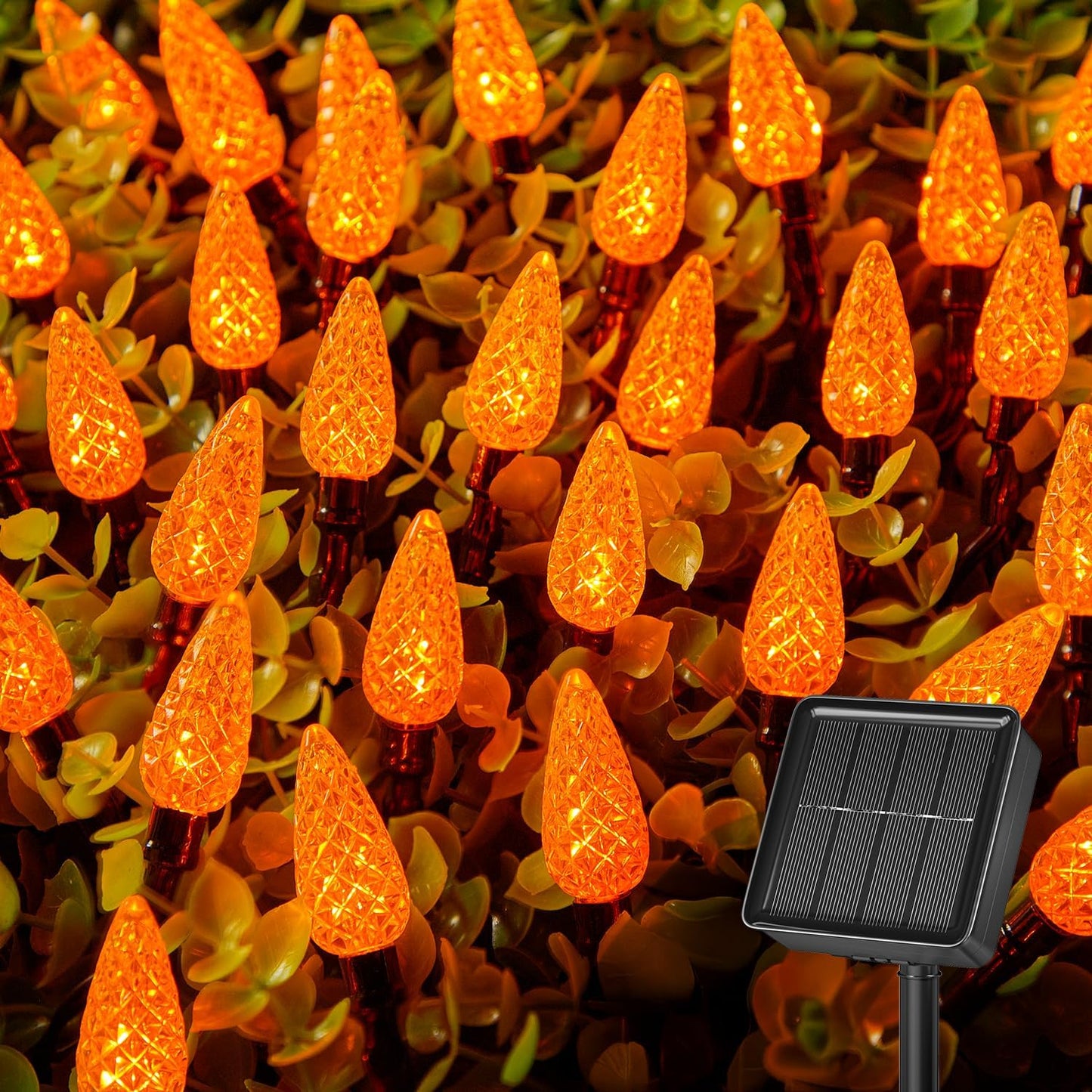 Brightown Solar Operated C6 Halloween Outdoor Lights, 22.64ft 50 LEDs Orange Halloween Lights, Strawberry LED Fairy Lights, Solar Waterproof String Light for Tree, Garden Decor Outdoor Decorations