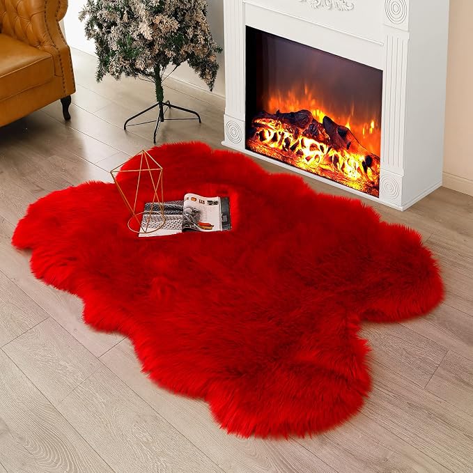 Faux Fur Rug Red Fluffy Sheepskin Area Rug,Ultra Soft Shaggy Plush Rug Bedroom Living Room Sofa Floor Kids Room Bedside（4 x 6 ft Sheepskin）