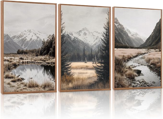 LHIUEM Snowy Mountain Framed Canvas Wall Art,Modern Winter Wall Decor,Neutral Pine Tree Painting,Misty Forest Landscape Artwork for Living Room,Bedroom,Dining Room -16"x24"x3
