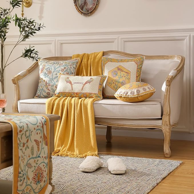 patdrea French Vintage Linen Throw Pillow Cover,12"x20"-Magnolia C | Elegant Decorative Pillow Case with Zipper,Yellow Floral Pattern,Cushion Coverfor Couch Living Room Bedroom Sofa
