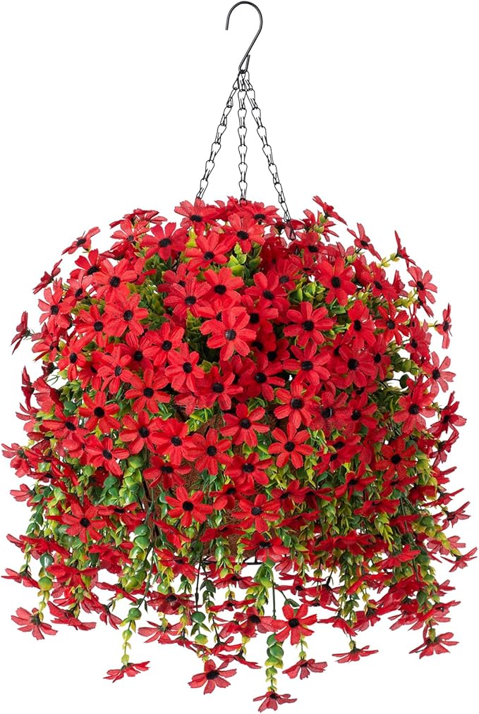INXUGAO Artificial Hanging Flowers Plants with Basket for Outdoors, Realistic Faux Silk Daisy Flower Eucalyptus for Spring Decor, UV Resistant Fake Plants for Porch Patio Yard Balcony (Red)