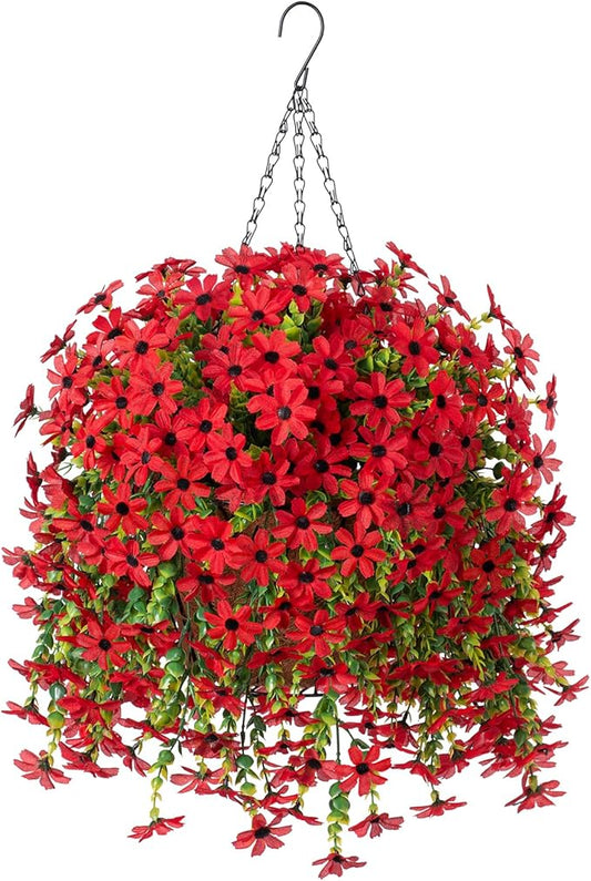INXUGAO Artificial Hanging Flowers Plants with Basket for Outdoors, Realistic Faux Silk Daisy Flower Eucalyptus for Spring Decor, UV Resistant Fake Plants for Porch Patio Yard Balcony (Red)