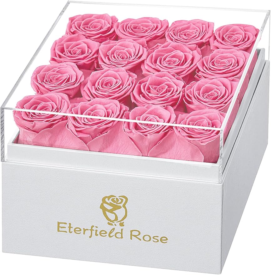Eterfield Forever Flowers Preserved Roses Real Roses that Last Over a Year Rose Box Gifts for Her Mothers Day Valentines Day Christmas (Square White Box, 16 Pink Roses)