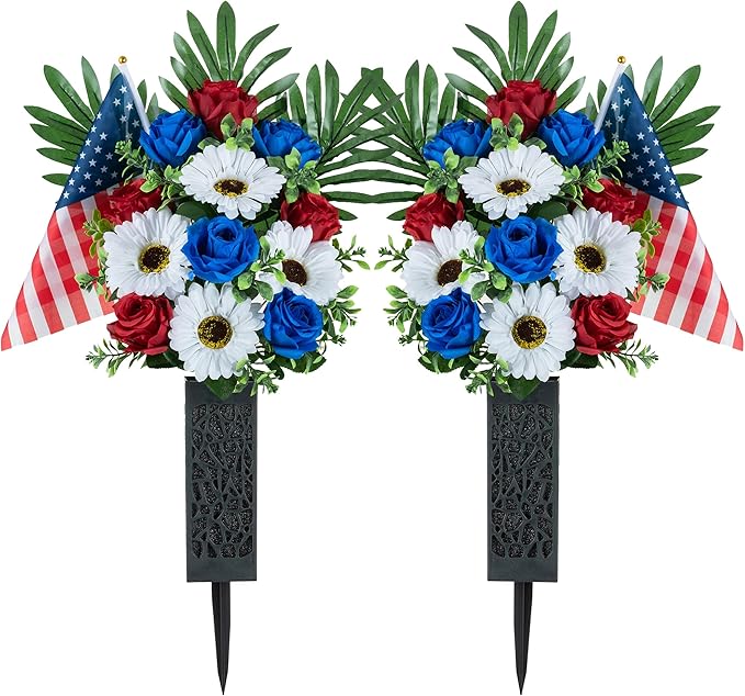 Memorial Day Flowers for Cemetery: 2 Pcs Outdoor Grave 250th Anniversary USA Decorations - Artificial Patriotic Cemetery Flowers for Grave - Red White Blue Roses with American Flags Vase