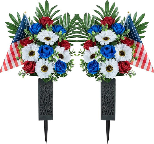 Memorial Day Flowers for Cemetery: 2 Pcs Outdoor Grave 250th Anniversary USA Decorations - Artificial Patriotic Cemetery Flowers for Grave - Red White Blue Roses with American Flags Vase