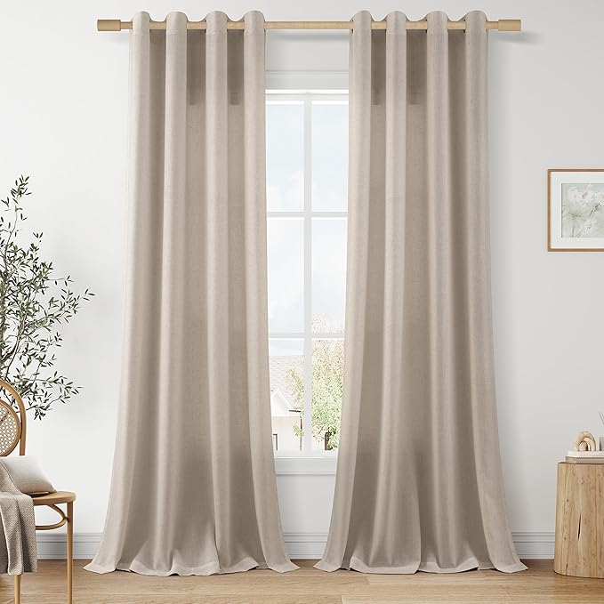 Aersas Cobblestone Linen Grommet Curtains 96 Inches Long 2 Panels for Living Room Sliding Glass Door Light Filtering Drapes 96 Inch Length Neutral Farmhouse Rustic Curtain for Office 52x96