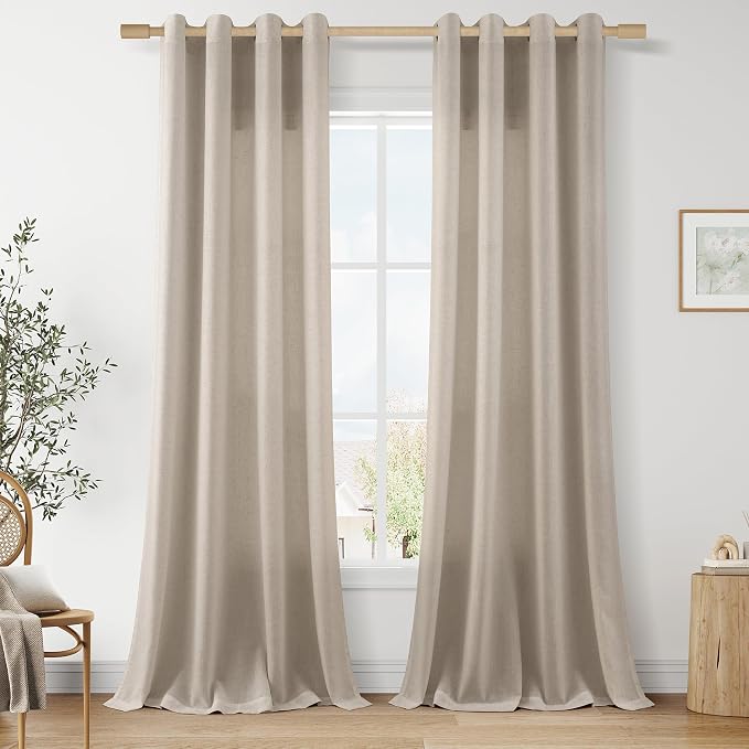 Aersas Cobblestone 90 Inch Grommet Linen Curtains for Living Room 2 Panel Set Neutral Boho Farmhouse Semi Sheer Light Filtering Window Curtain for Bedroom Office Sliding Door 52x96