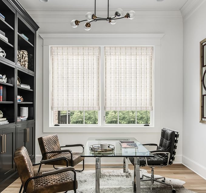 LazBlinds No Drill Bamboo Roman Shades, 26x64, Whitewash B | Light Filtering Window Treatment, No Tools Cordless Roll Up Bamboo Blinds for Window